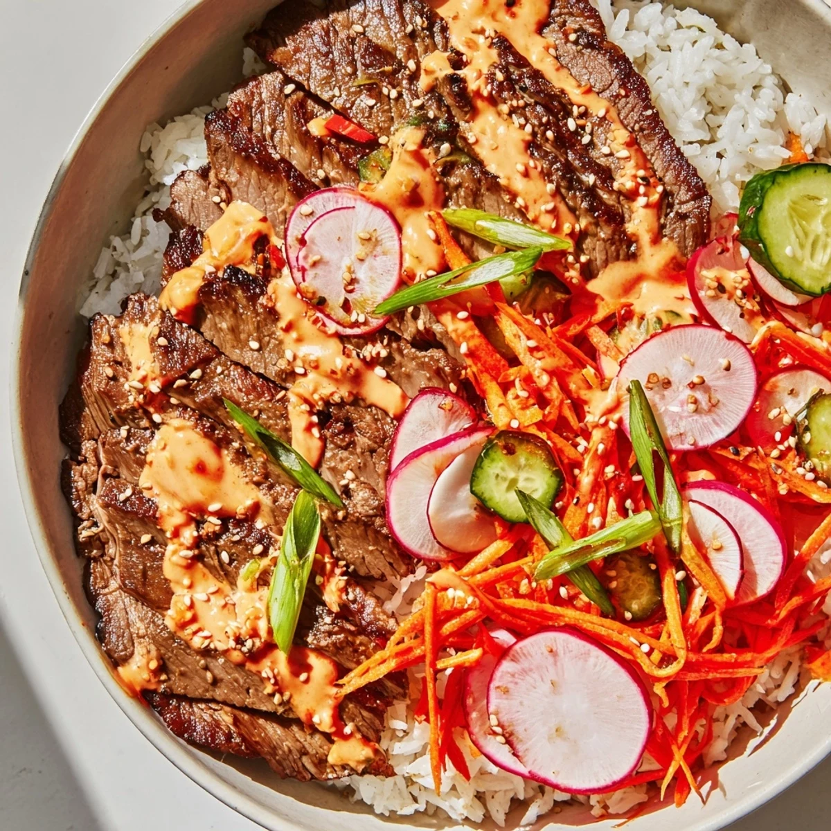Bowl of Irresistibly Easy Korean BBQ Steak Rice Bowls with Spicy Cream Sauce featuring caramelized steak, crisp carrots, and fresh cucumbers with a vibrant drizzle of spicy mayo.