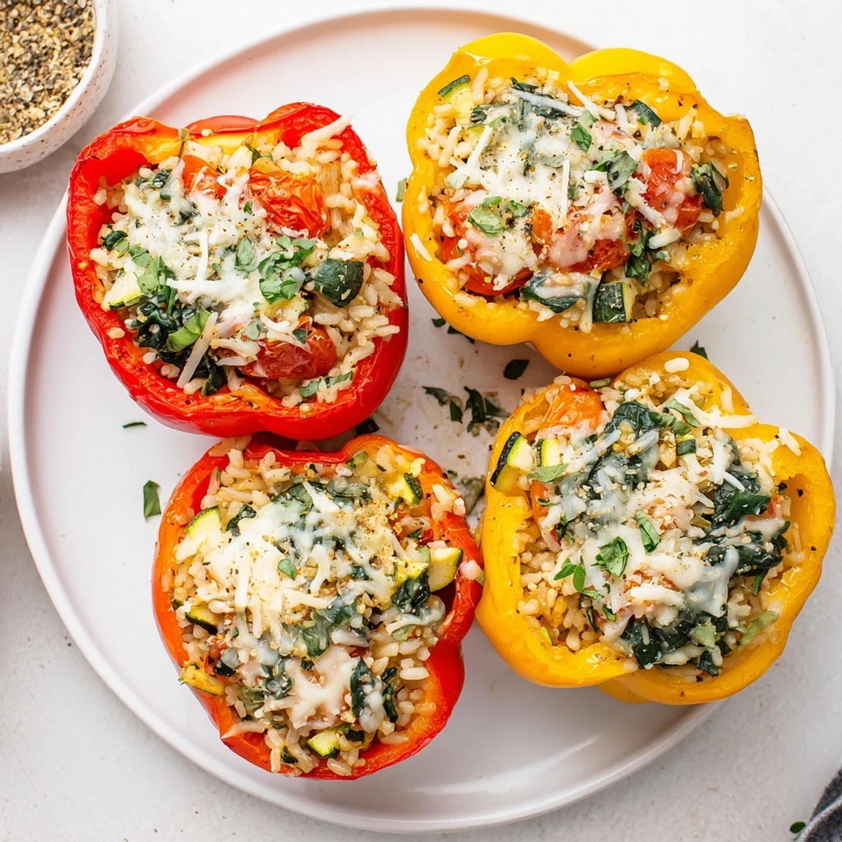 Vibrant red and yellow bell peppers stuffed with savory rice, zucchini, and melted mozzarella, garnished with fresh parsley.