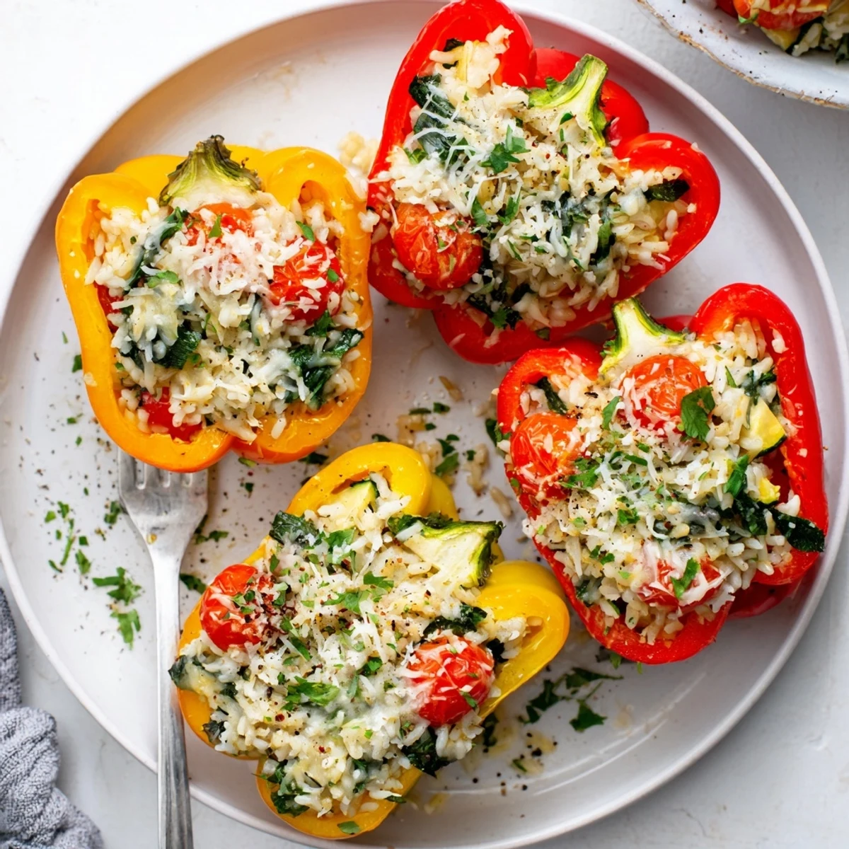 Golden-brown vegetarian stuffed bell peppers filled with grains and vegetables, presented on a white plate for a wholesome dinner.