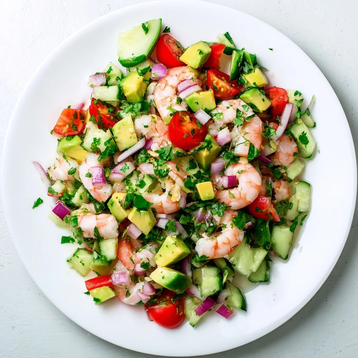 This vibrant Healthy Shrimp Avocado Salad showcases juicy shrimp, creamy avocado chunks, and cherry tomatoes glistening with a cilantro lime dressing.
