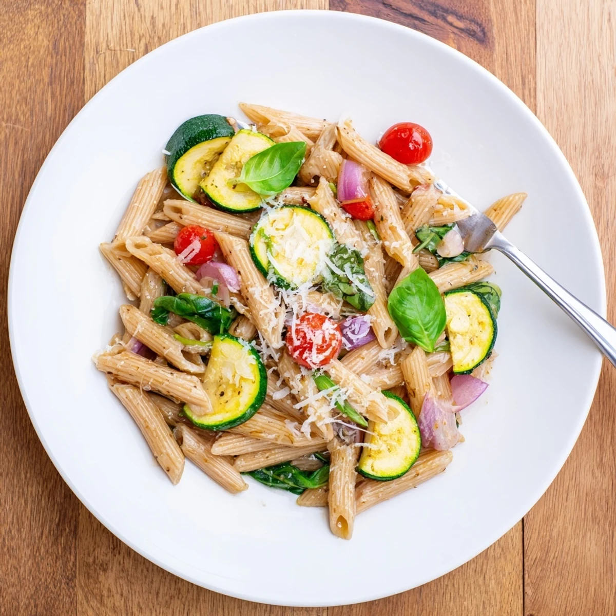 Vibrant green zucchini and red cherry tomatoes create a colorful Healthy Tomato Zucchini Pasta served in a white ceramic bowl.