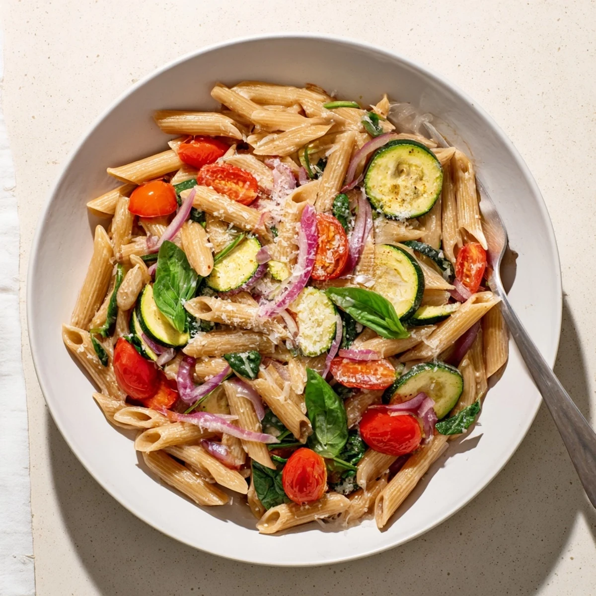 A skillet of Healthy Tomato Zucchini Pasta features al dente noodles tossed with spinach, garlic, and a light olive oil sauce.