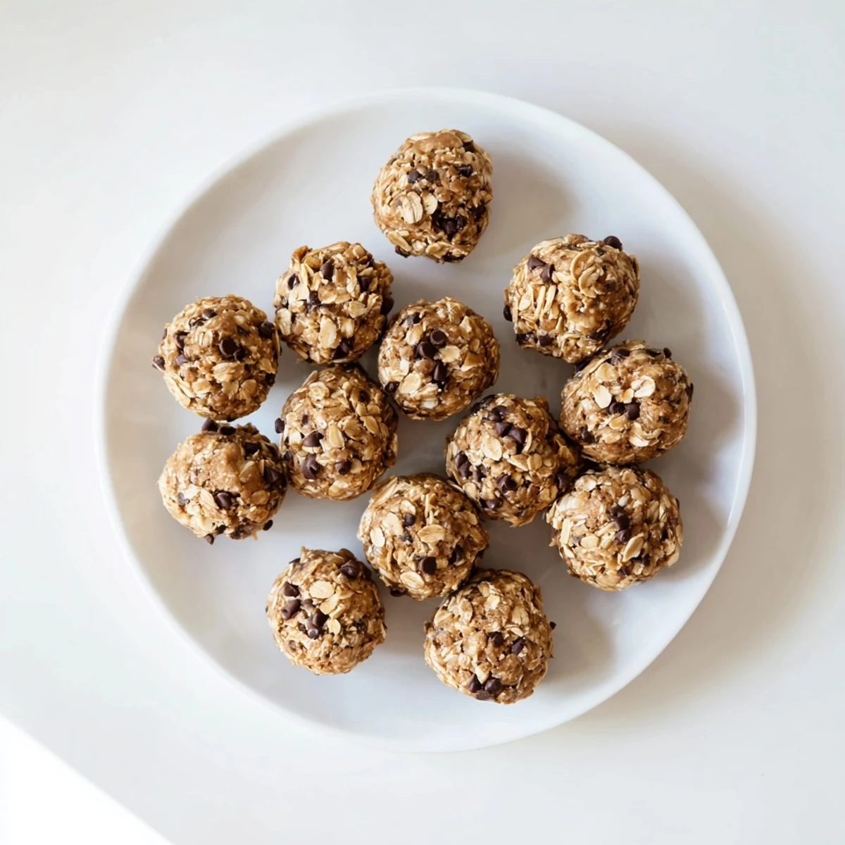 Freshly rolled No Bake Peanut Butter Energy Bites showing oats, chocolate chips, and peanut butter texture on a wooden serving board.