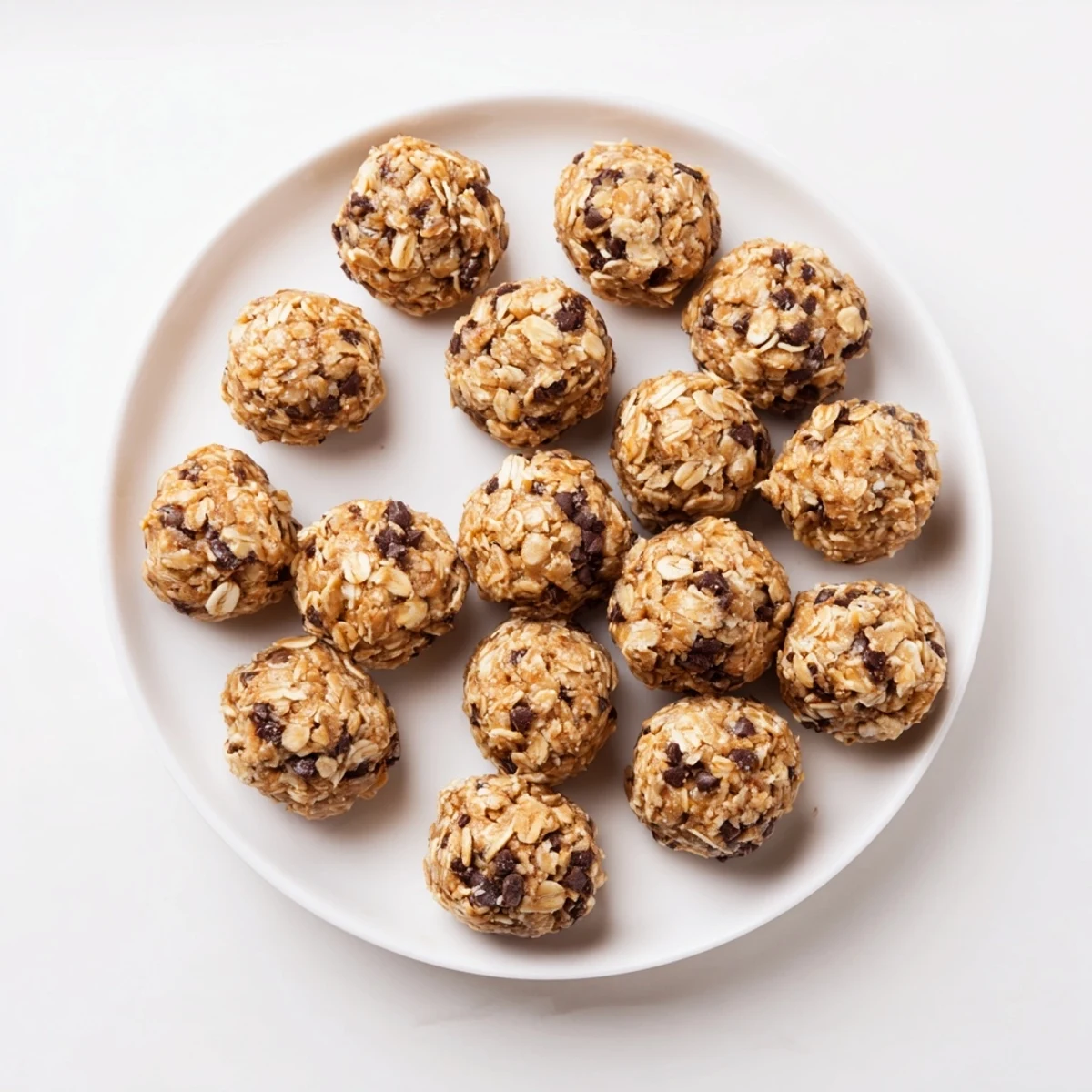 Stack of homemade No Bake Peanut Butter Energy Bites on a white plate, featuring mini chocolate chips and a sprinkle of oats.