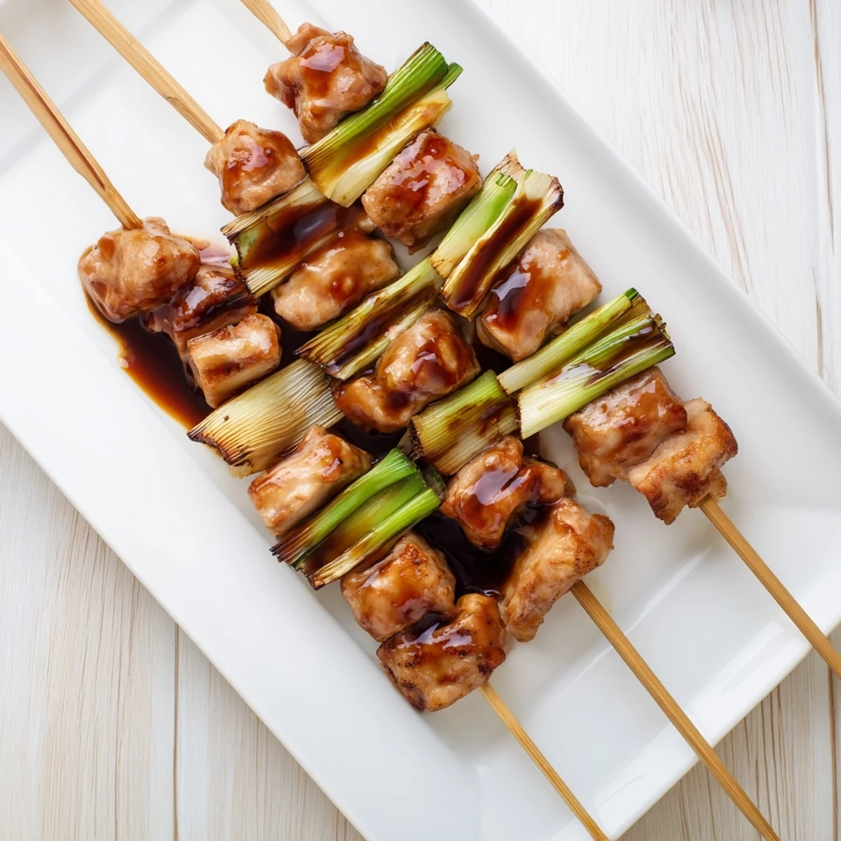 Golden chicken yakitori skewers glazed with shiny tare sauce and green onions