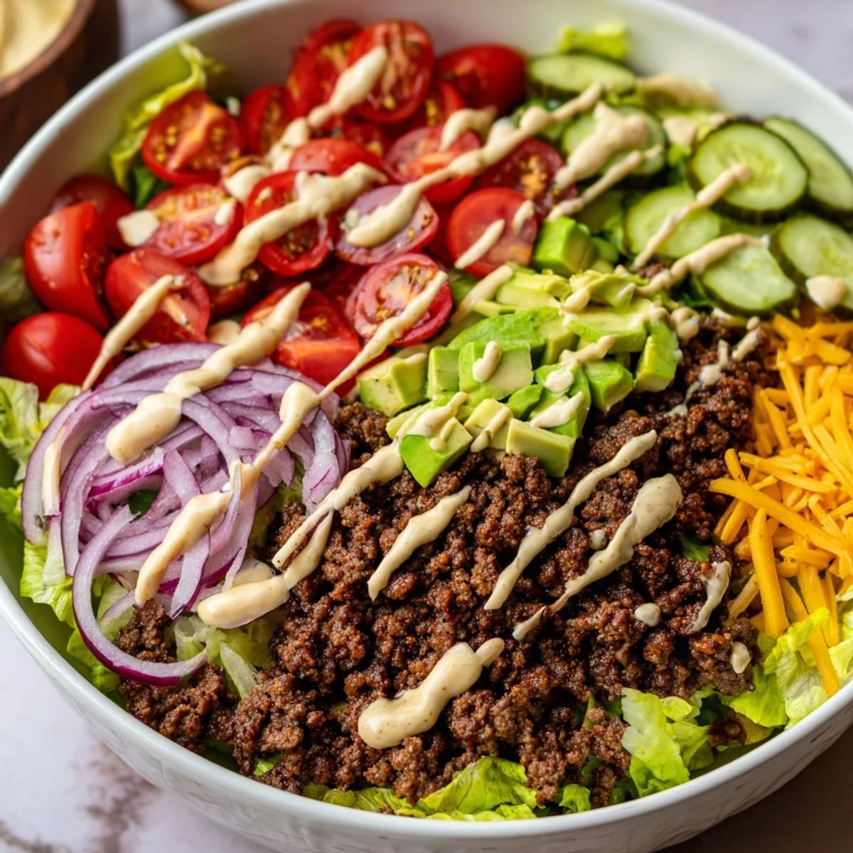 Colorful burger bowl with seasoned ground beef, crisp lettuce, melted cheddar, and drizzled sauce