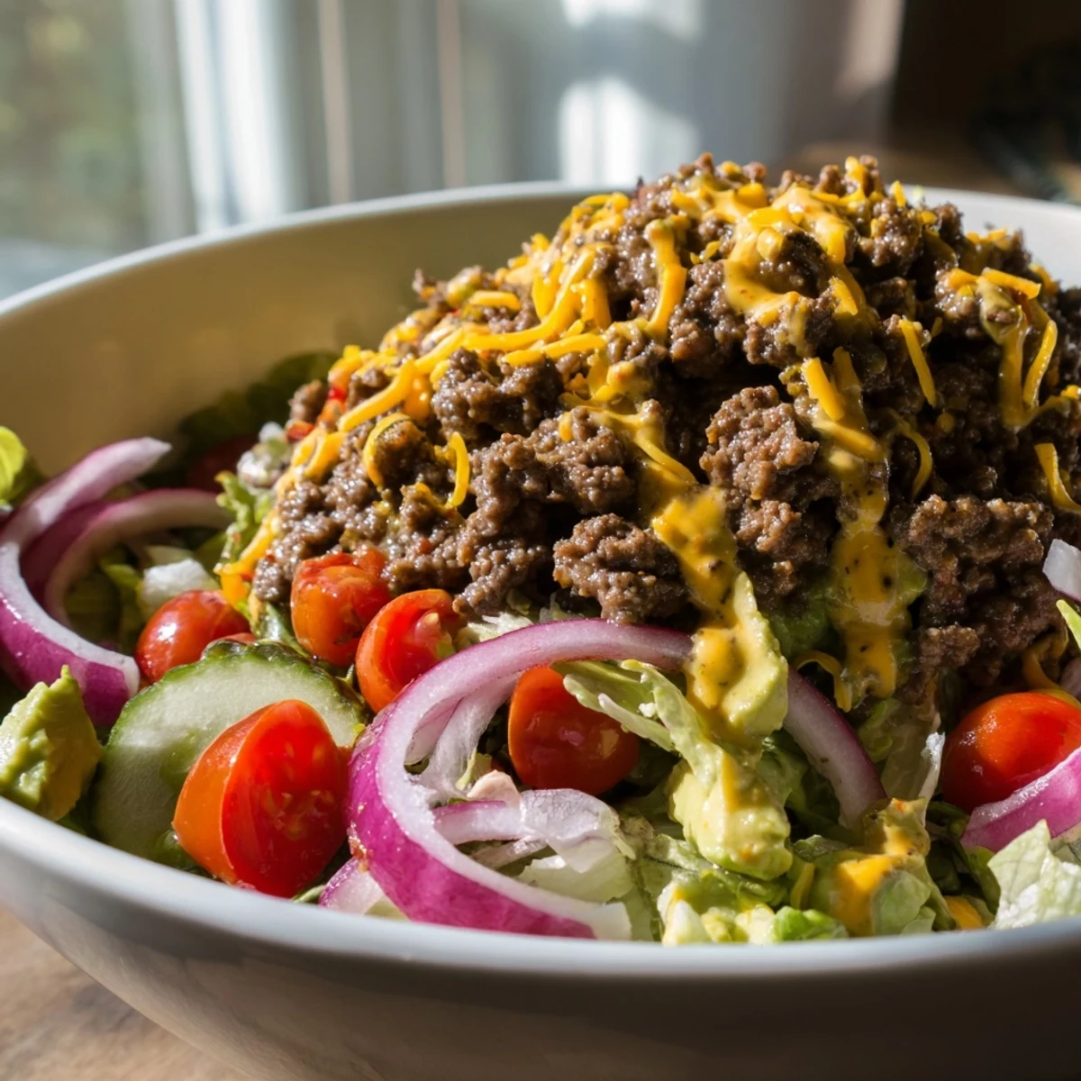 Low-carb burger bowls featuring juicy beef, fresh vegetables, pickles, and creamy burger sauce
