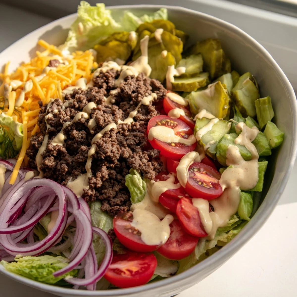 Deconstructed cheeseburger bowl loaded with ground beef, avocado, tomatoes, and tangy special sauce
