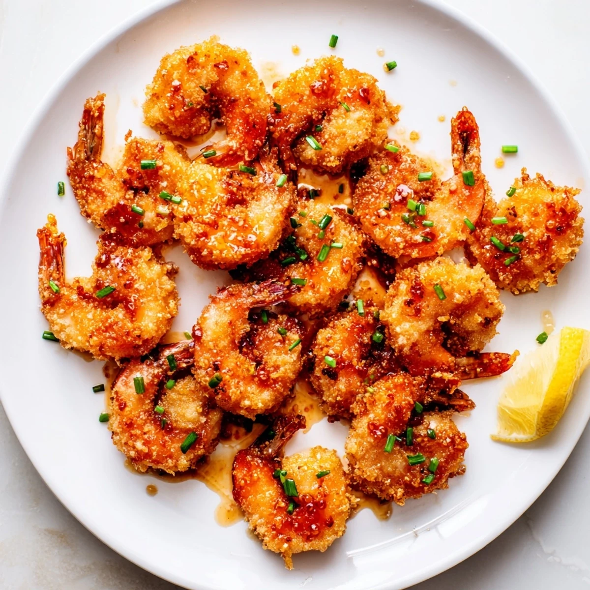 Plate of golden shrimp tossed in sweet spicy honey glaze garnished with chives