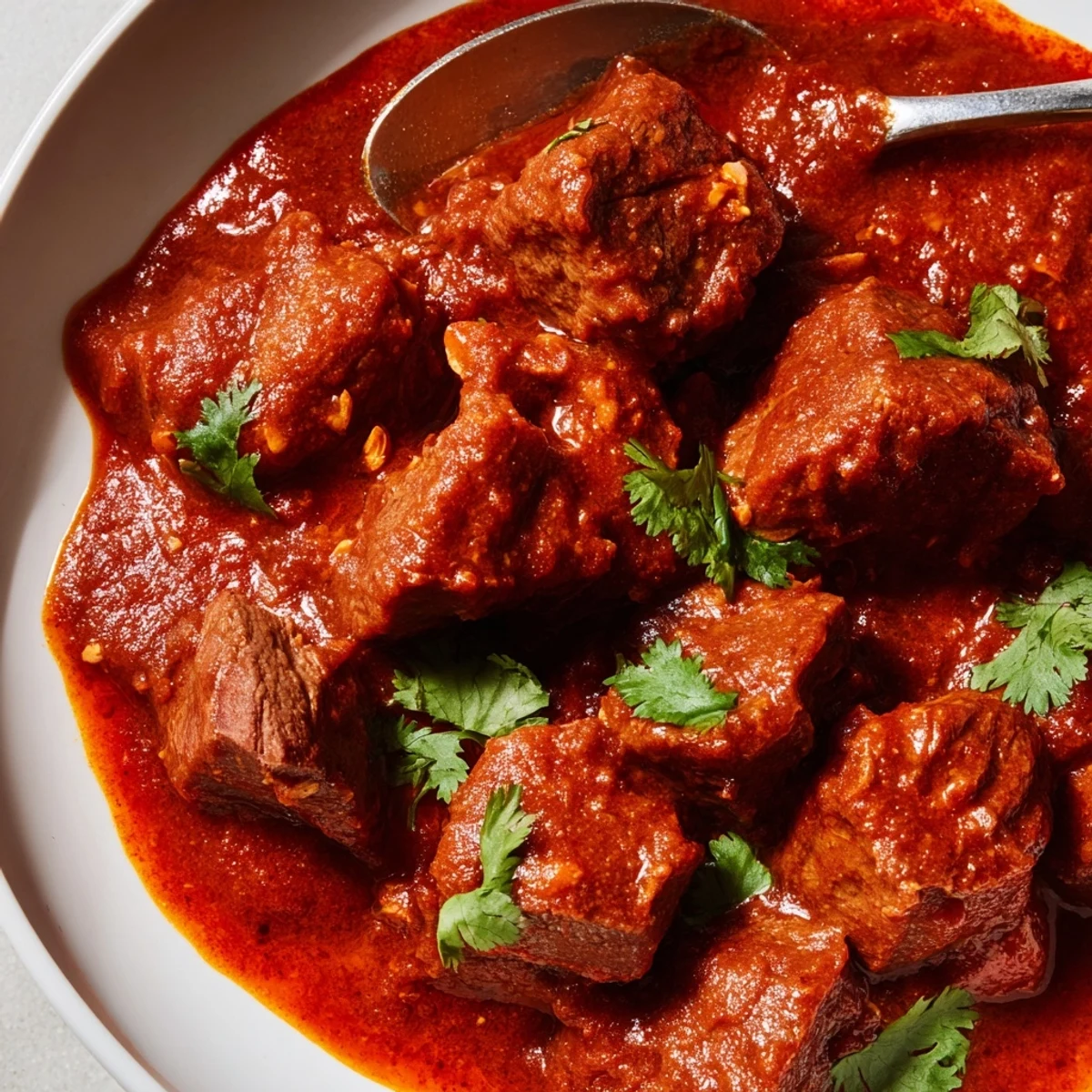 Tender beef cubes simmered in rich Indian beef curry with tomato gravy, garnished with fresh cilantro