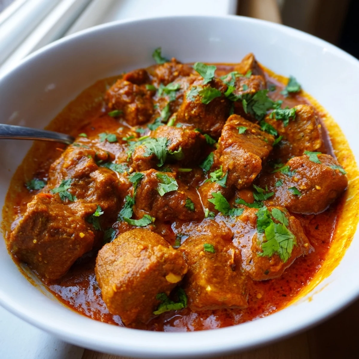 Steam rises from bowl of Indian beef curry with tomato gravy served over fluffy white basmati rice
