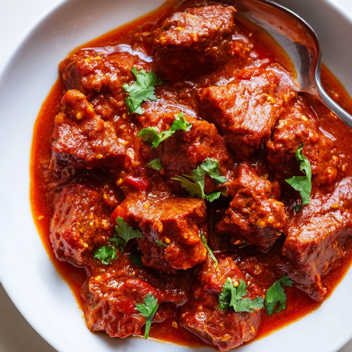 Golden brown beef pieces in spiced Indian beef curry with tomato gravy, ready to scoop with naan