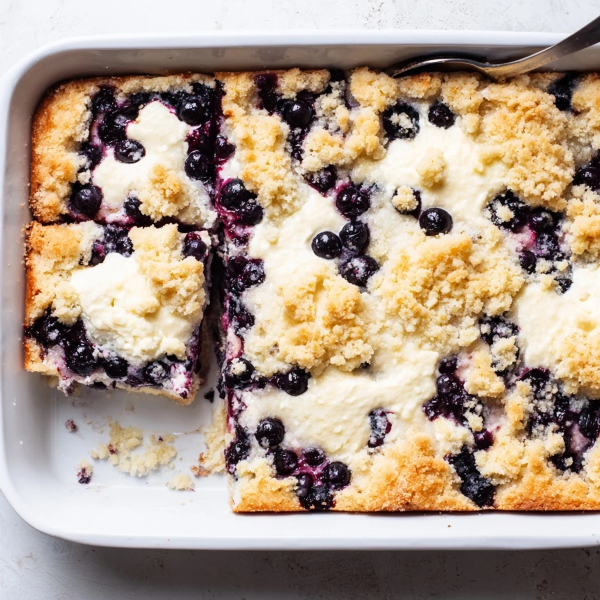 Creamy cheesecake layer nestled between juicy blueberries and lemon cake mix in this easy dump cake