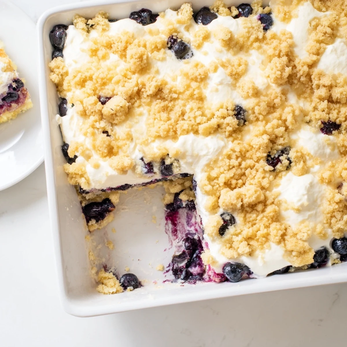 Golden lemon blueberry cheesecake dump cake with bubbling fruit filling and buttery cake topping