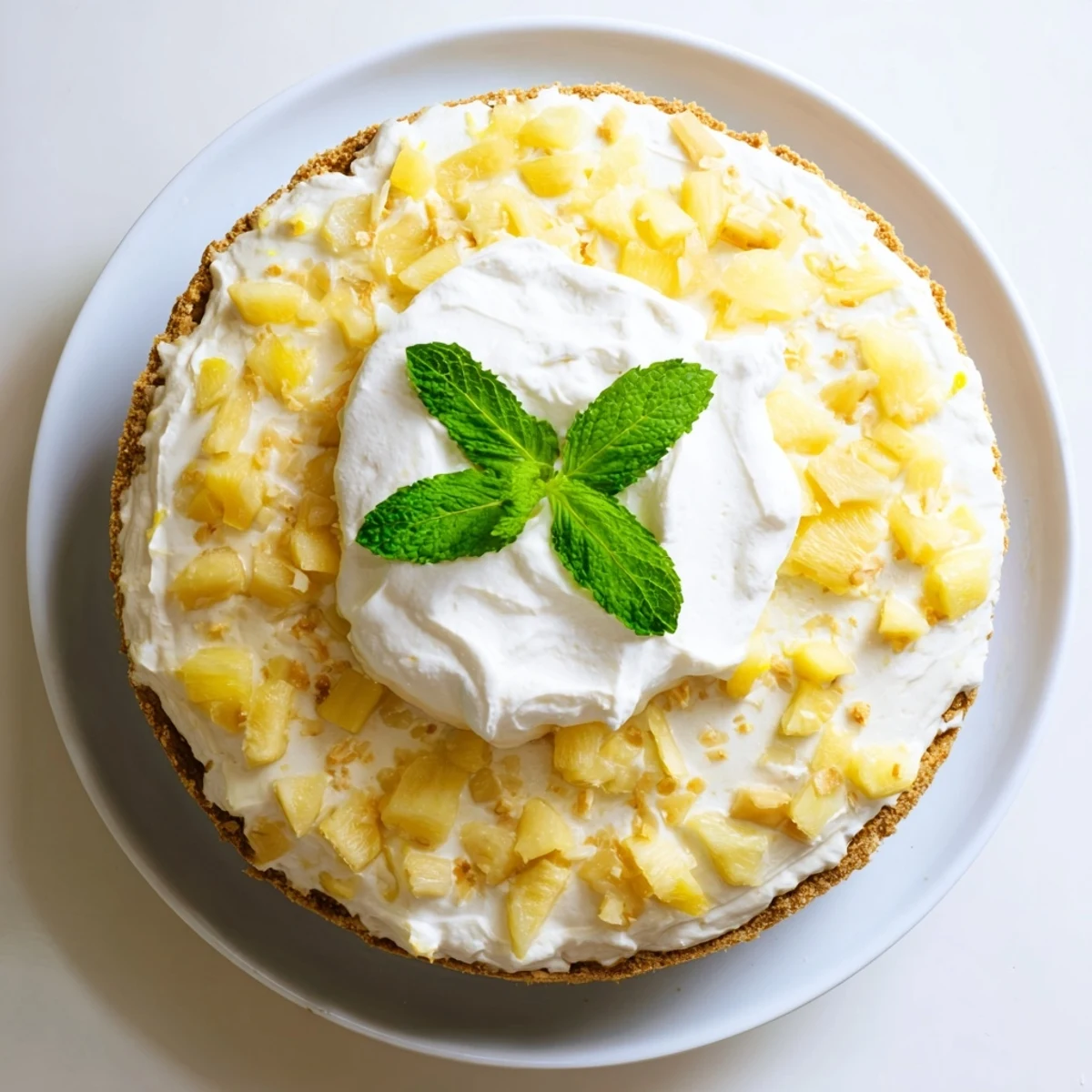 Creamy no bake pineapple cheesecake slice with graham cracker crust topped with golden crushed pineapple