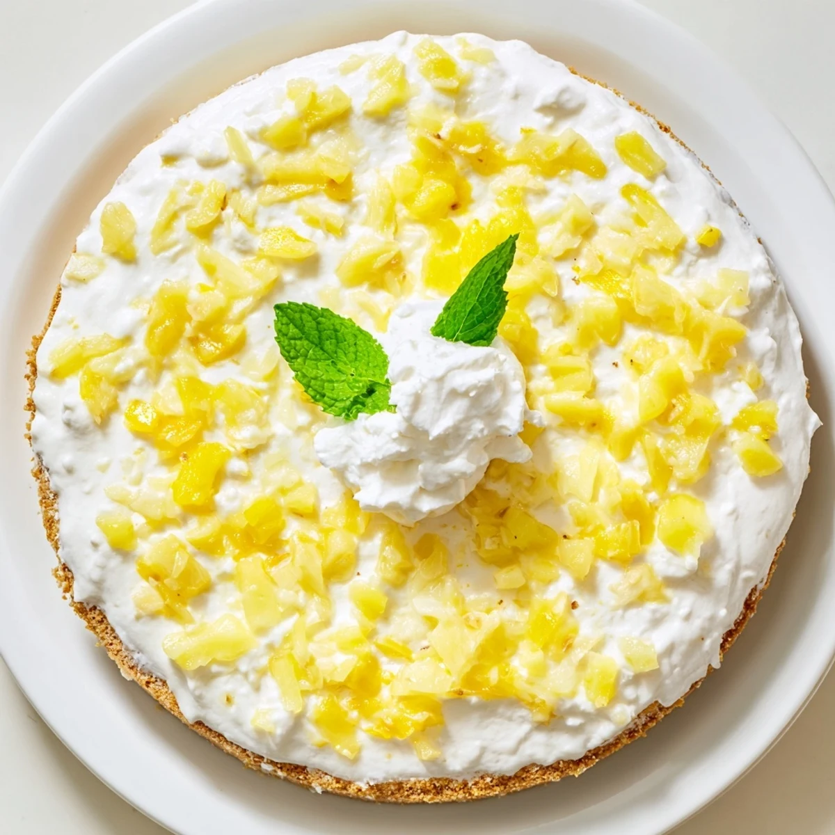 White no bake pineapple cheesecake cake served on plate with whipped cream rosette and fresh mint garnish