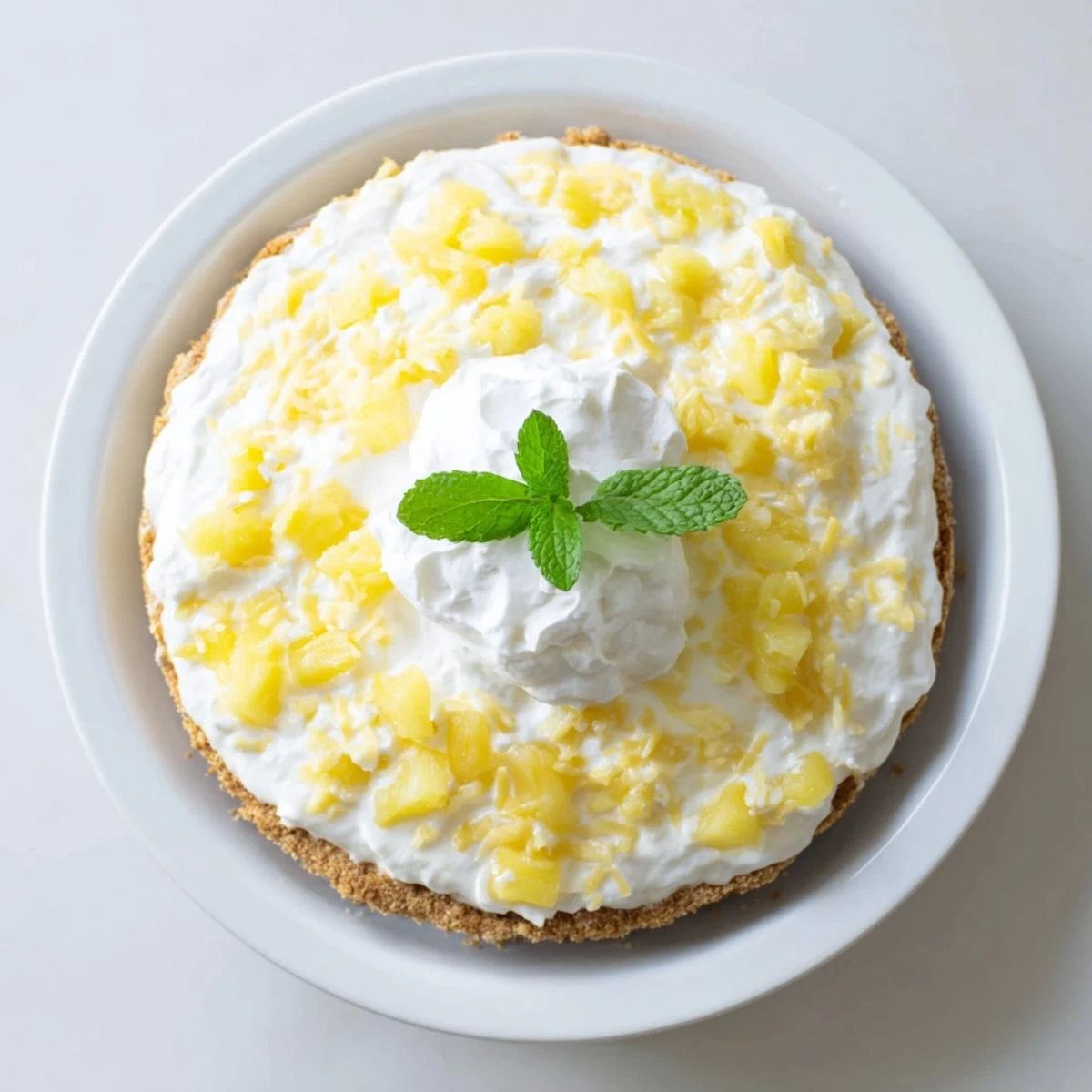 Thick slice of tropical no bake pineapple cheesecake showing buttery crust layer and smooth pineapple cream filling