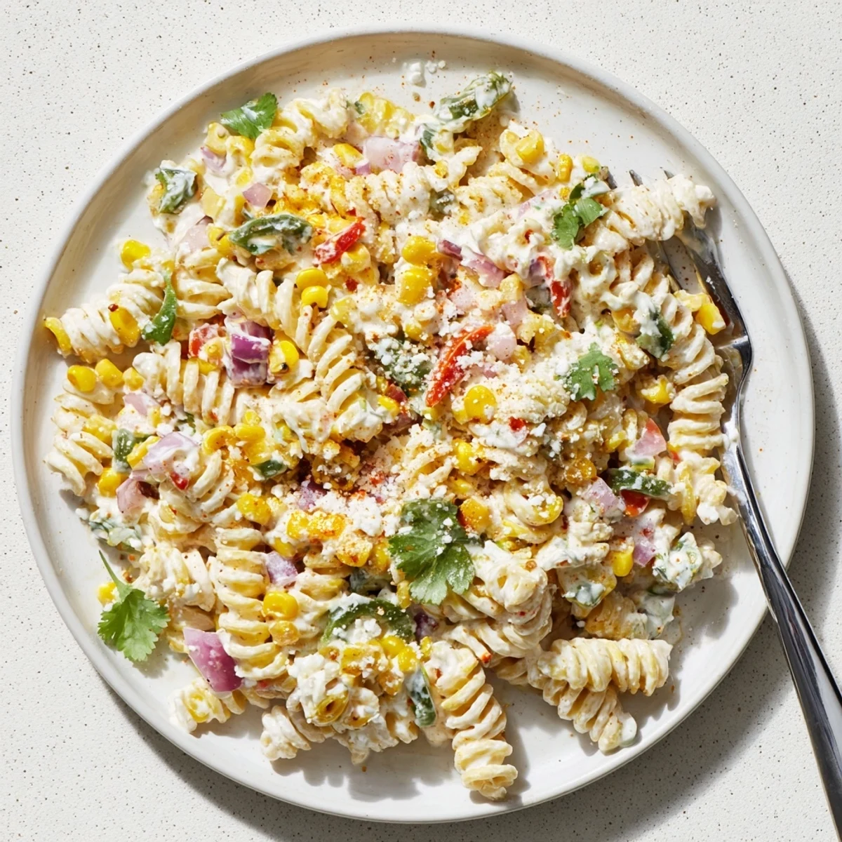 Colorful Mexican street corn pasta salad featuring charred corn, cotija cheese, and cilantro in a creamy lime dressing