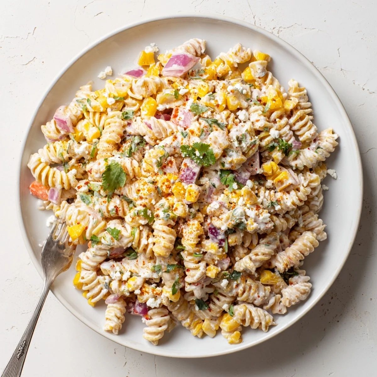 Creamy Mexican street corn pasta salad tossed with zesty spices, crisp vegetables, and crumbly white cheese