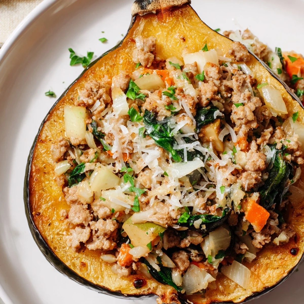 Golden roasted turkey stuffed acorn squash filled with savory vegetable mixture on white plate