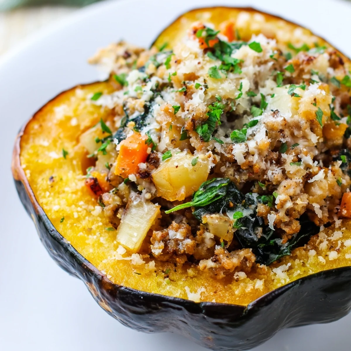 Hearty turkey stuffed acorn squash baked until tender with melted Parmesan topping and fresh parsley