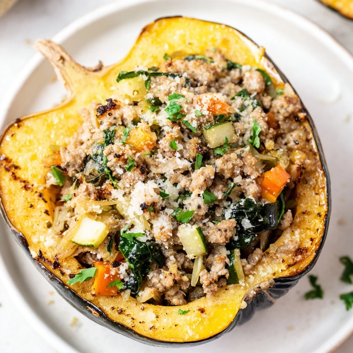 Savory ground turkey and apple stuffed acorn squash halves roasted to golden perfection