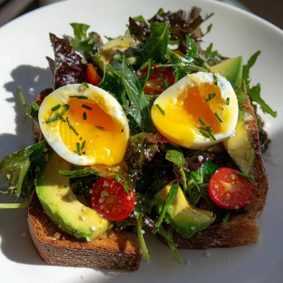 Golden soft-boiled eggs nestled on crisp toast alongside fresh dressed greens and ripe cherry tomatoes