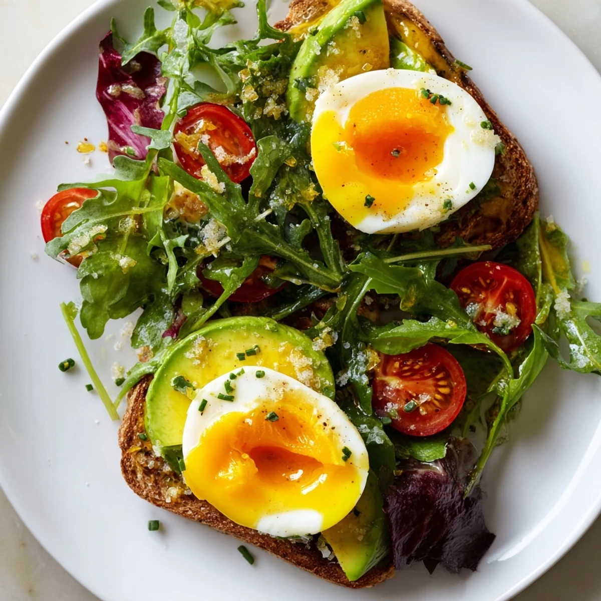 Wholesome savory breakfast plate featuring runny yolk eggs, buttery avocado slices, and peppery arugula