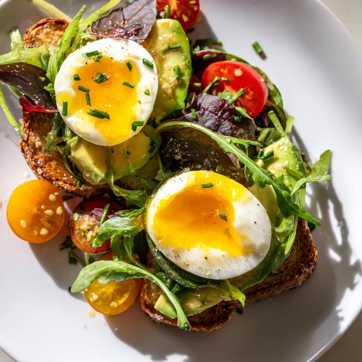 Protein-packed breakfast with tender soft-boiled eggs, artisan sourdough toast, and vibrant mixed salad greens