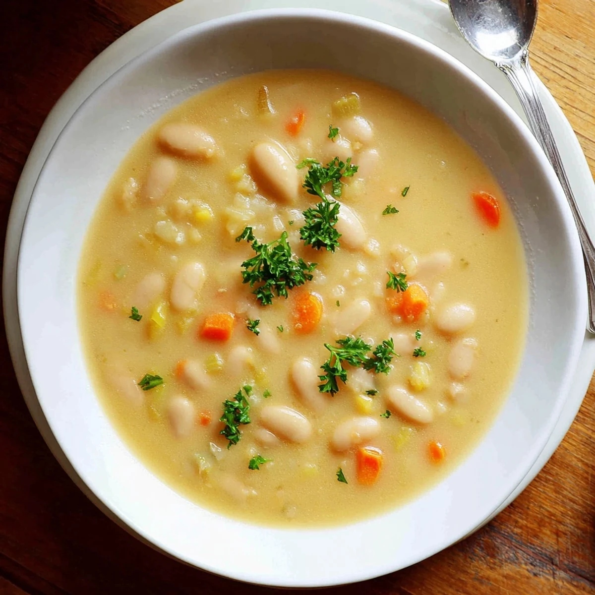 Steaming bowl of cozy rosemary garlic white bean soup with diced vegetables and herbs