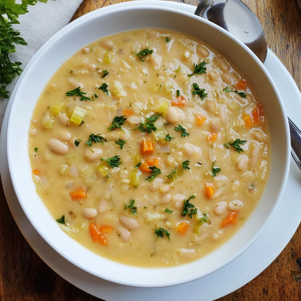 Creamy rosemary garlic white bean soup garnished with fresh parsley and crusty bread