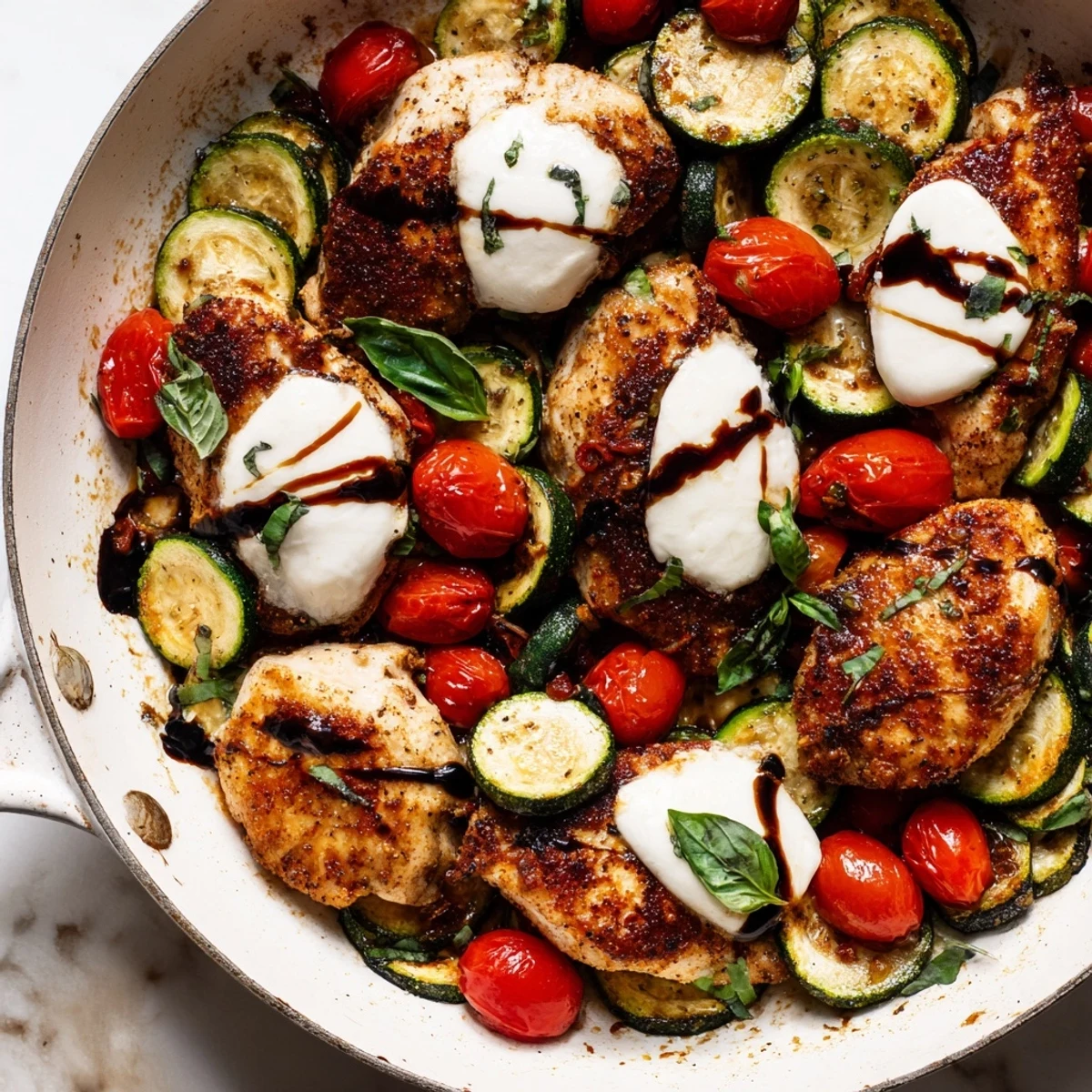 Golden chicken breast nestled with zucchini and tomatoes topped with melted mozzarella and fresh basil in this Caprese chicken zucchini skillet