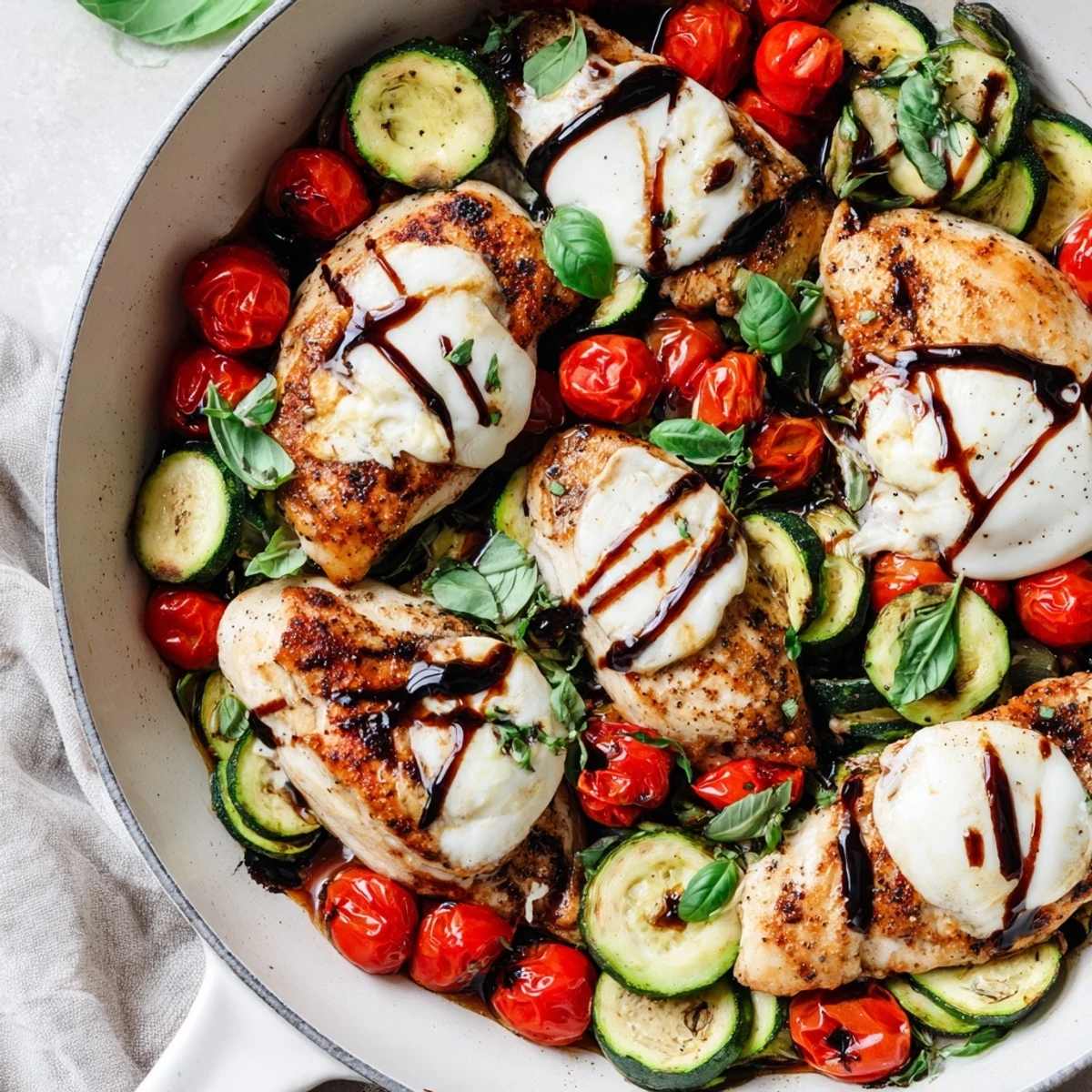 One-pan Caprese chicken zucchini skillet featuring juicy seasoned chicken topped with bubbling mozzarella alongside tender zucchini rounds and sweet cherry tomatoes