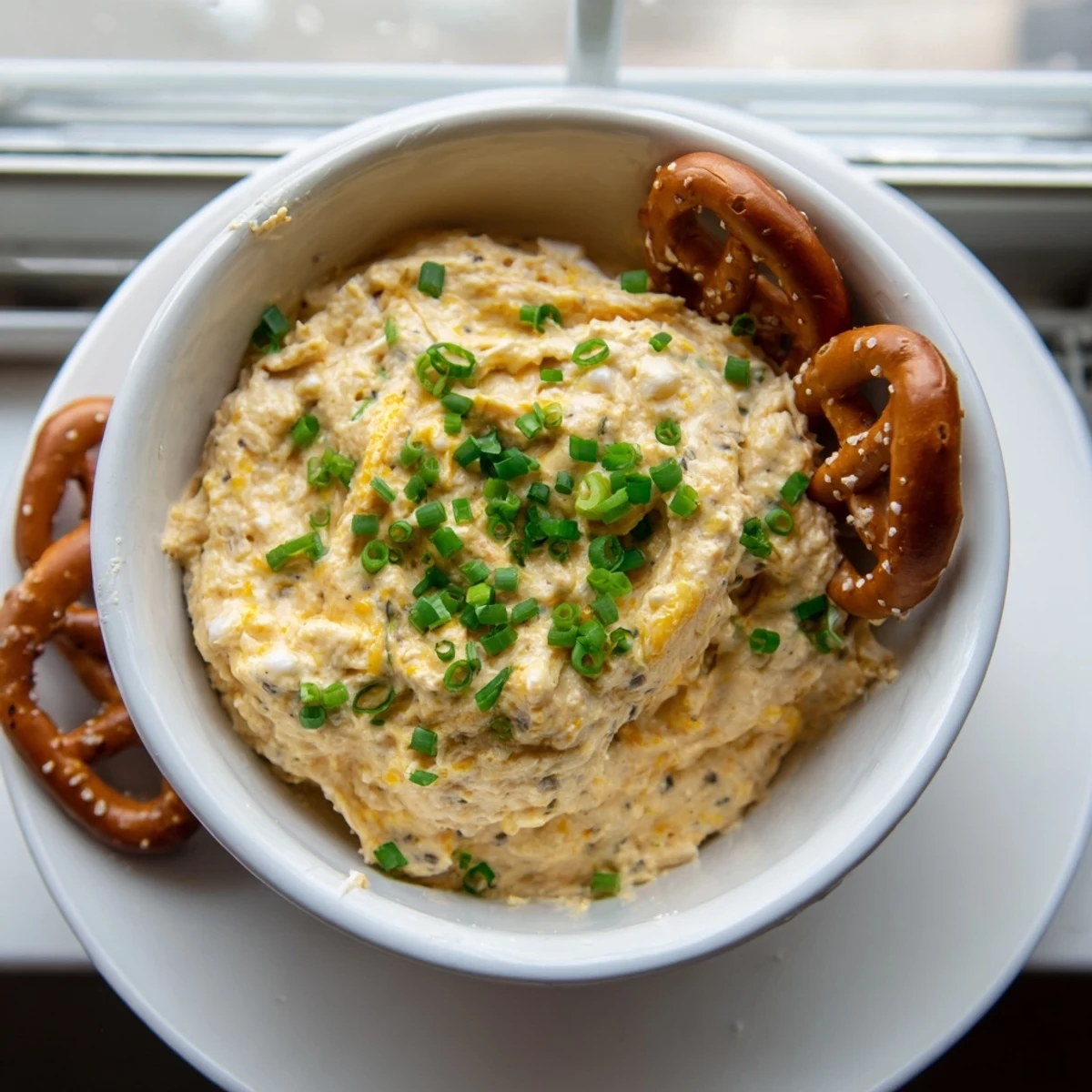 Golden cheddar cheese savory pretzel dip in a white bowl with pretzel sticks