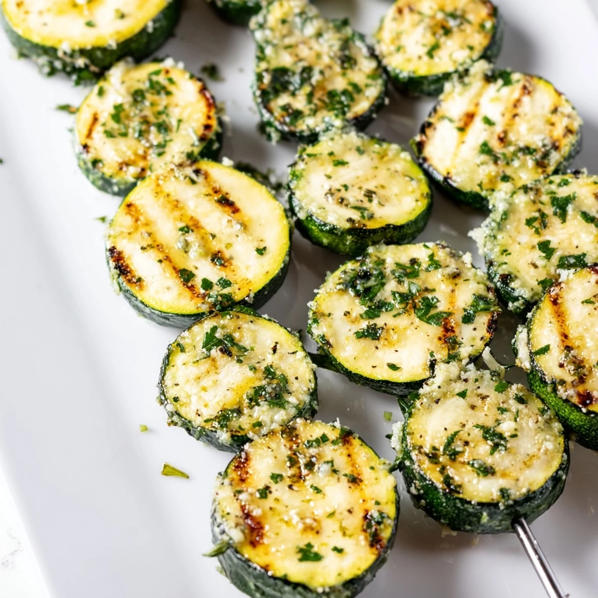Golden grilled Easy Garlic Butter Zucchini Skewers with char marks and melted herb butter