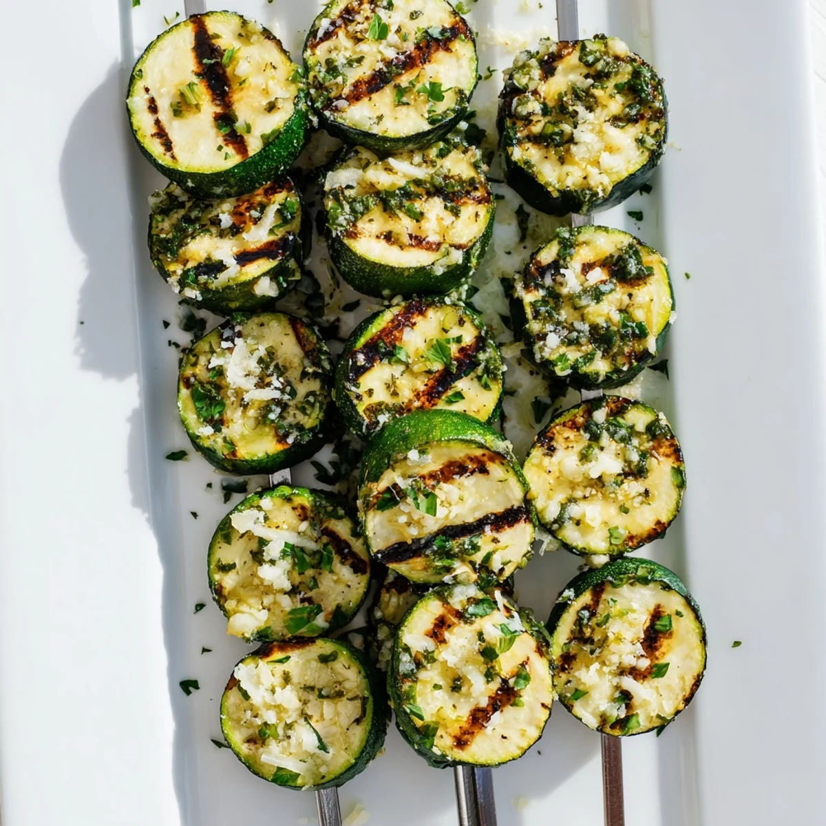 Zucchini rounds threaded on skewers brushed with savory garlic butter and fresh chopped parsley