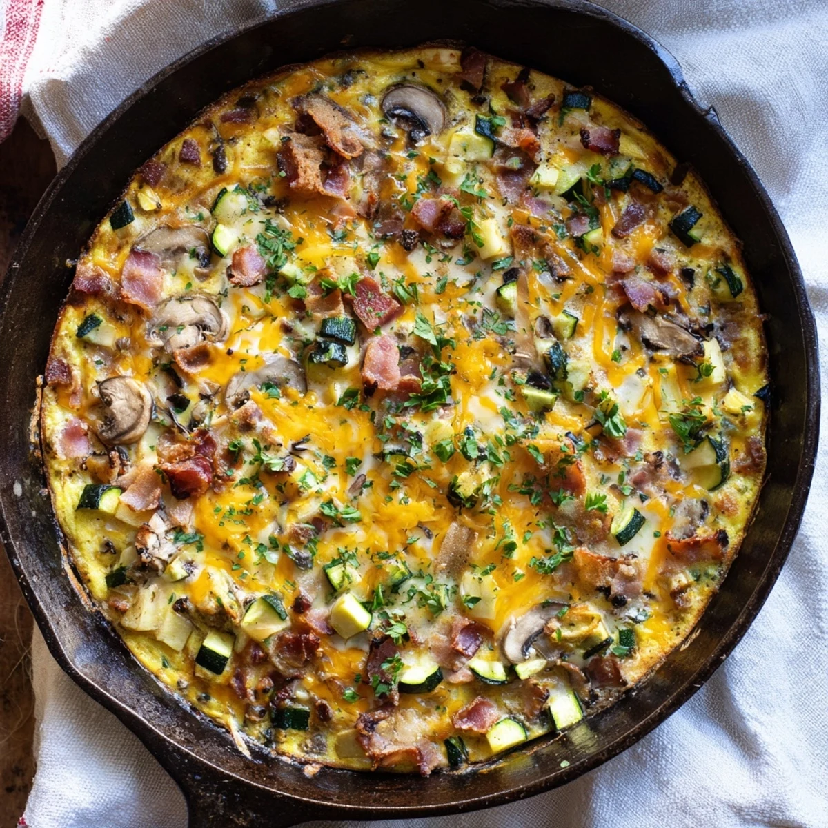Golden mushroom zucchini and bacon family frittata sprinkled with fresh parsley and sliced into wedges