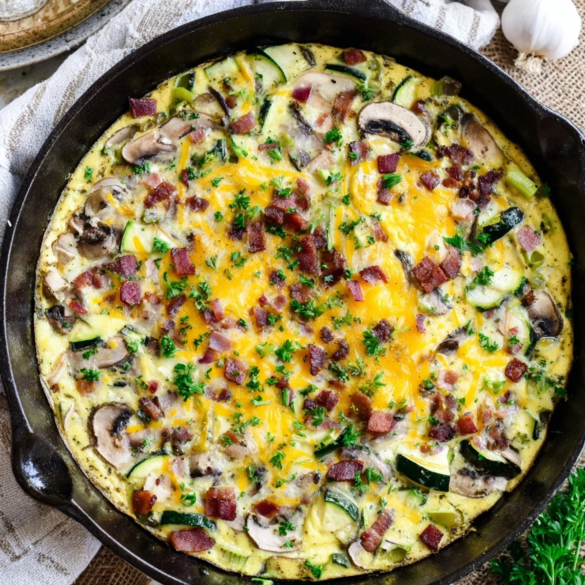 Rustic skillet baked frittata loaded with smoky bacon tender zucchini slices and savory browned mushrooms
