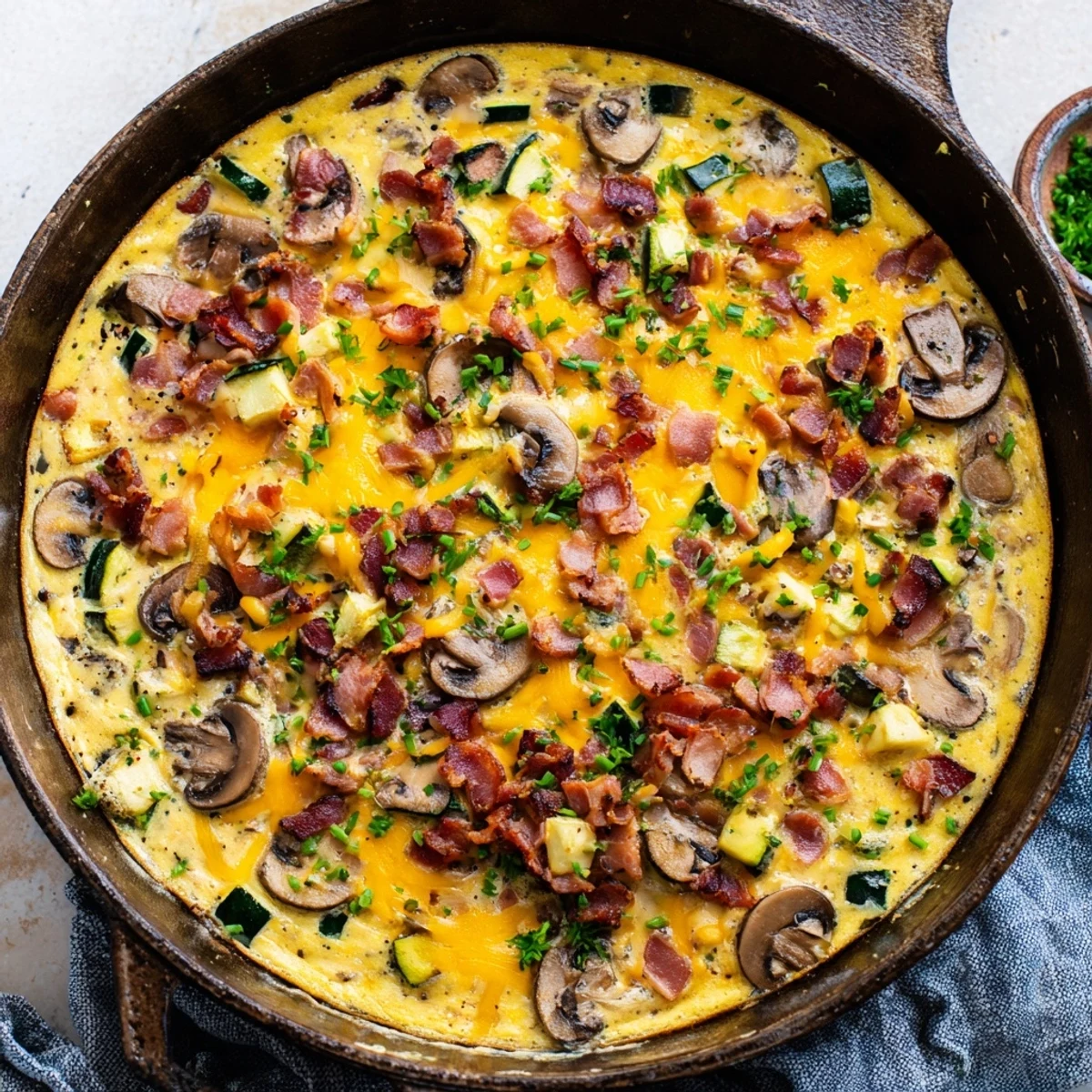 Fluffy egg frittata with melted cheddar cheese bacon and garden vegetables ready for brunch service