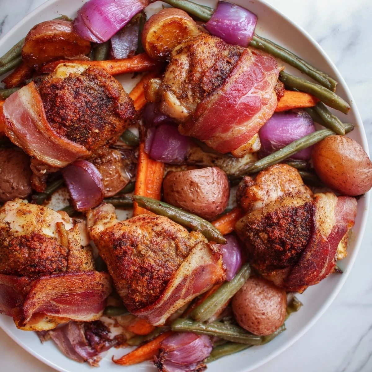 Golden bacon wrapped chicken thighs roast on a sheet pan with colorful vegetables