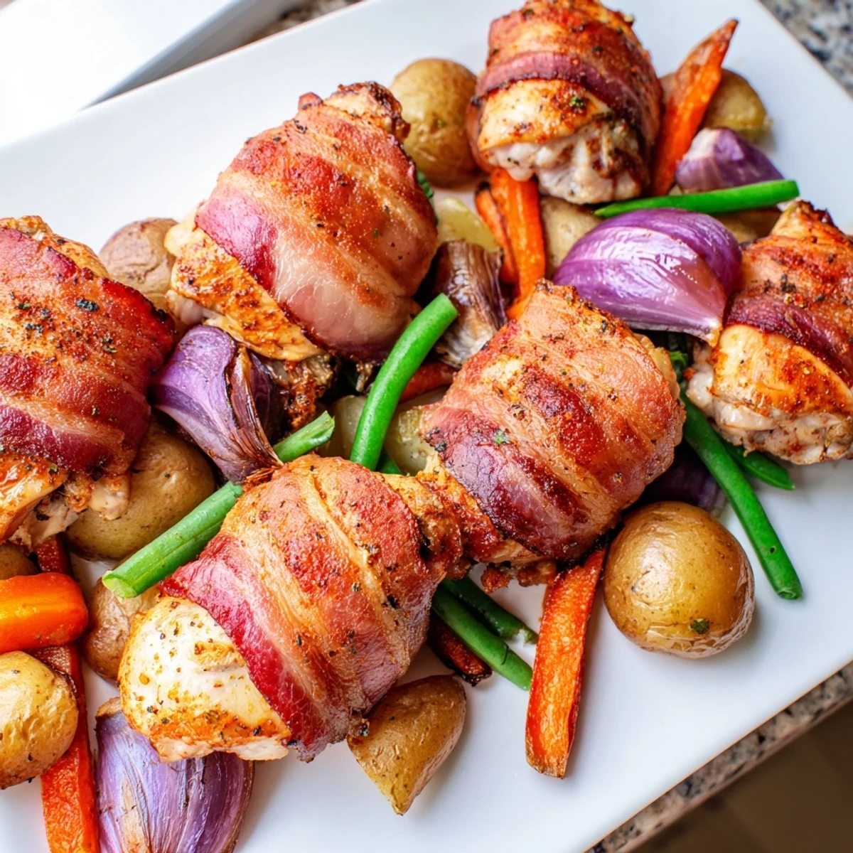 Crispy bacon blankets juicy chicken thighs nestled among roasted potatoes carrots and onions