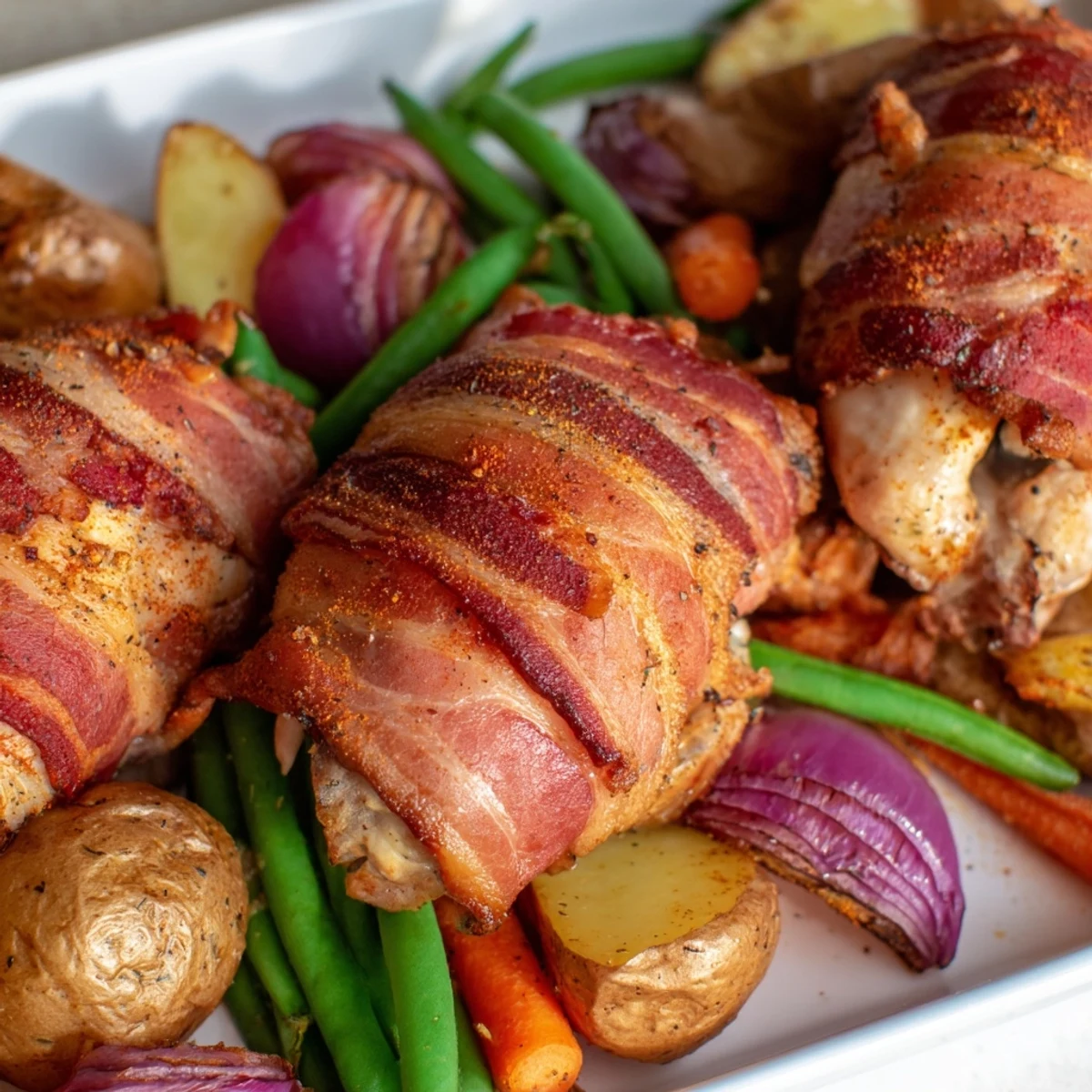 One pan meal featuring bacon wrapped chicken thighs served with tender roasted vegetables