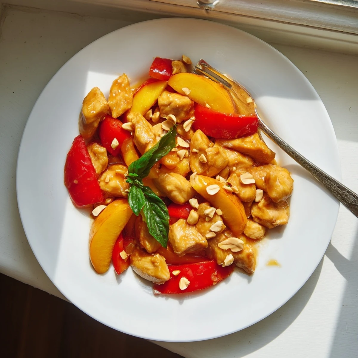 Golden chicken pieces in Thai peach chicken glazed with spicy-sweet sauce and colorful bell peppers