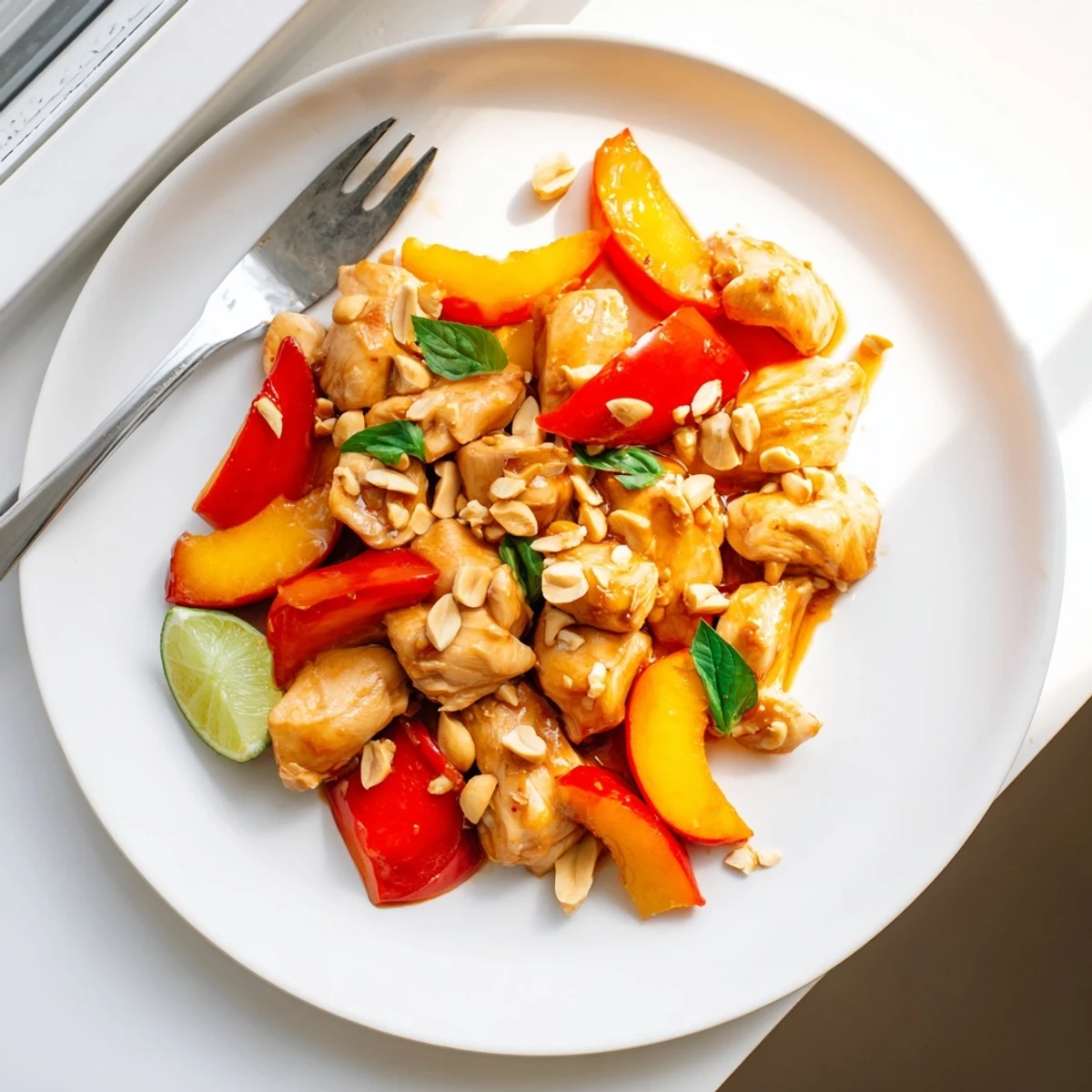 Vibrant Thai peach chicken served hot with fresh basil garnish and lime wedges on plate