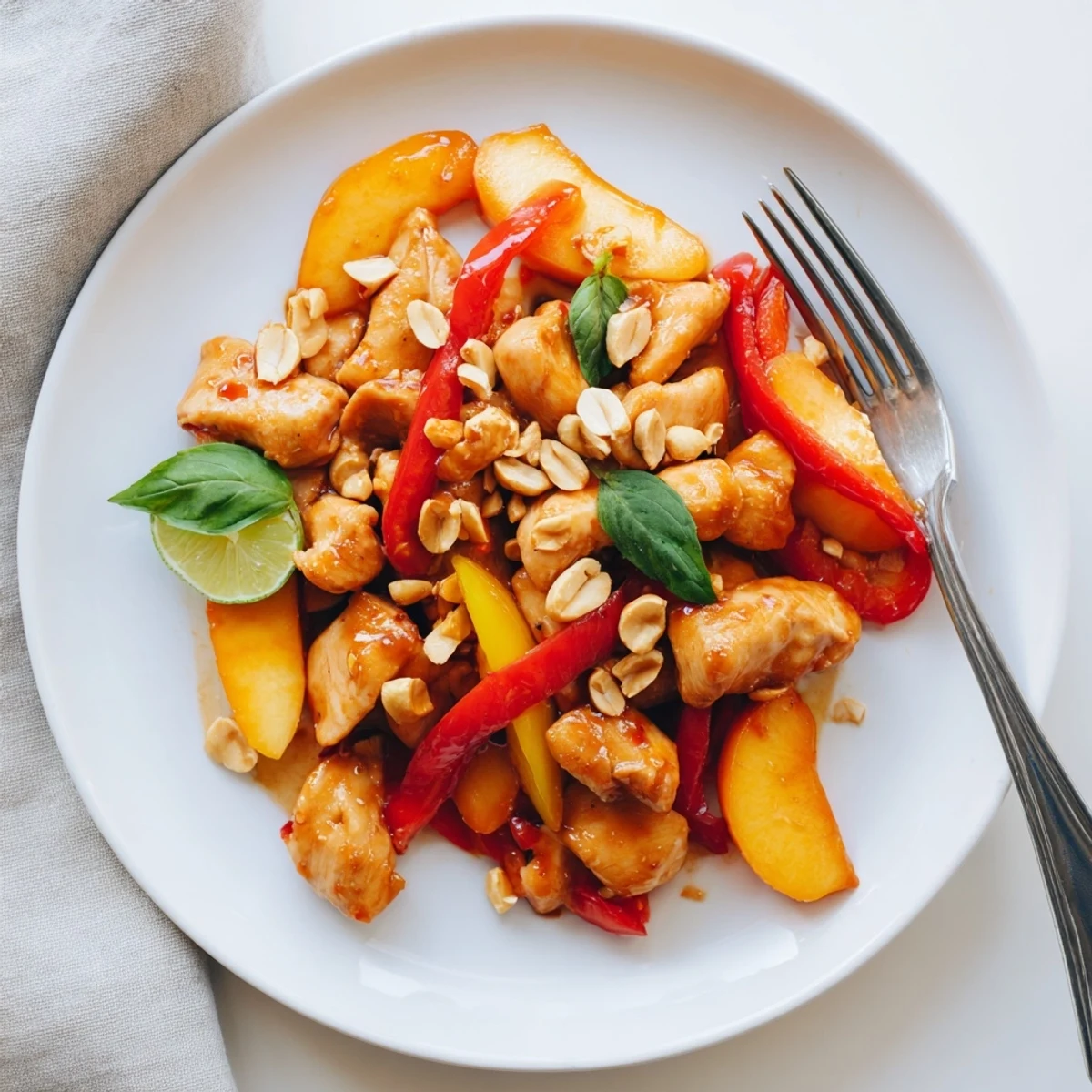 Succulent Thai peach chicken simmered with ripe peaches in fragrant ginger garlic sauce