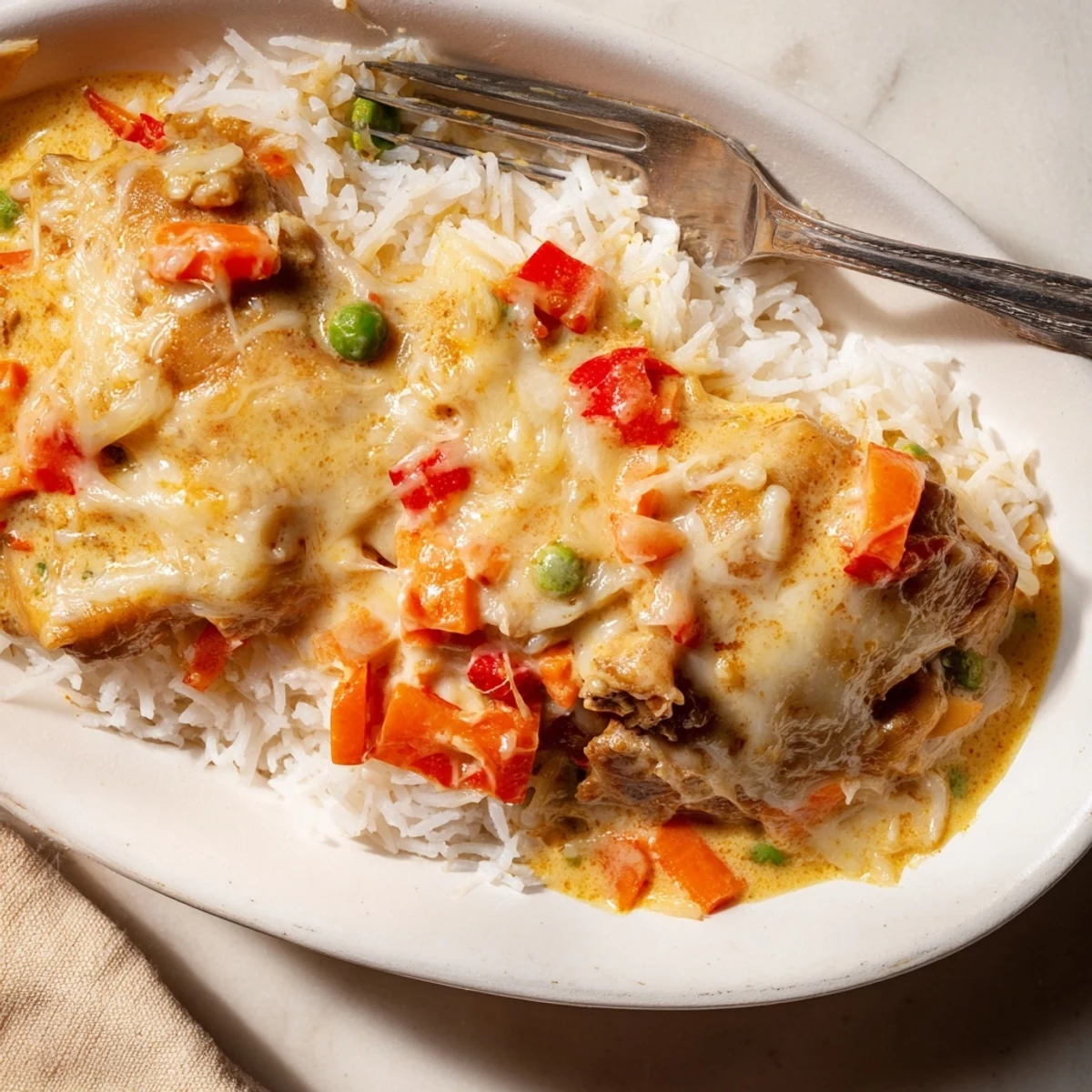 Creamy coconut curry Macau style baked Portuguese chicken rice served piping hot