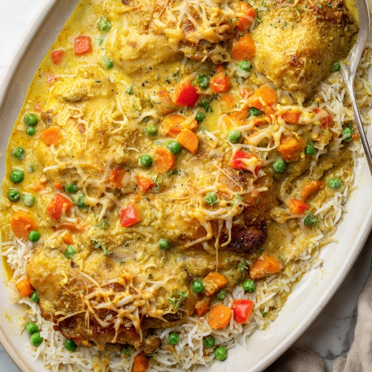 Golden baked Macau style Portuguese chicken rice with bubbling melted cheese topping