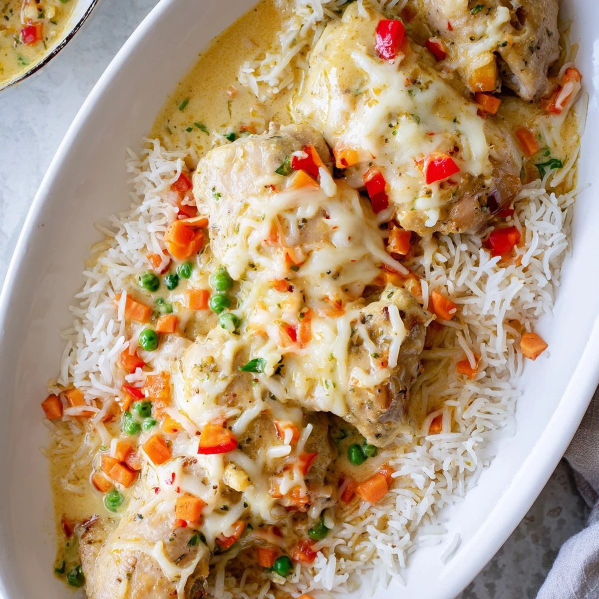 Oven-baked casserole of tender Macau style Portuguese chicken rice with colorful vegetables