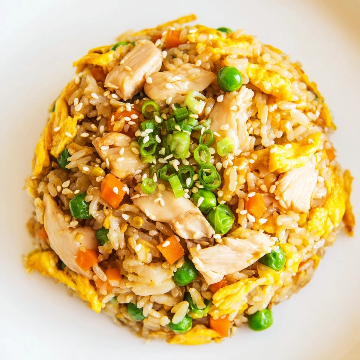 Golden chicken fried rice with colorful vegetables topped with ribbons of sliced egg omelette in a white bowl