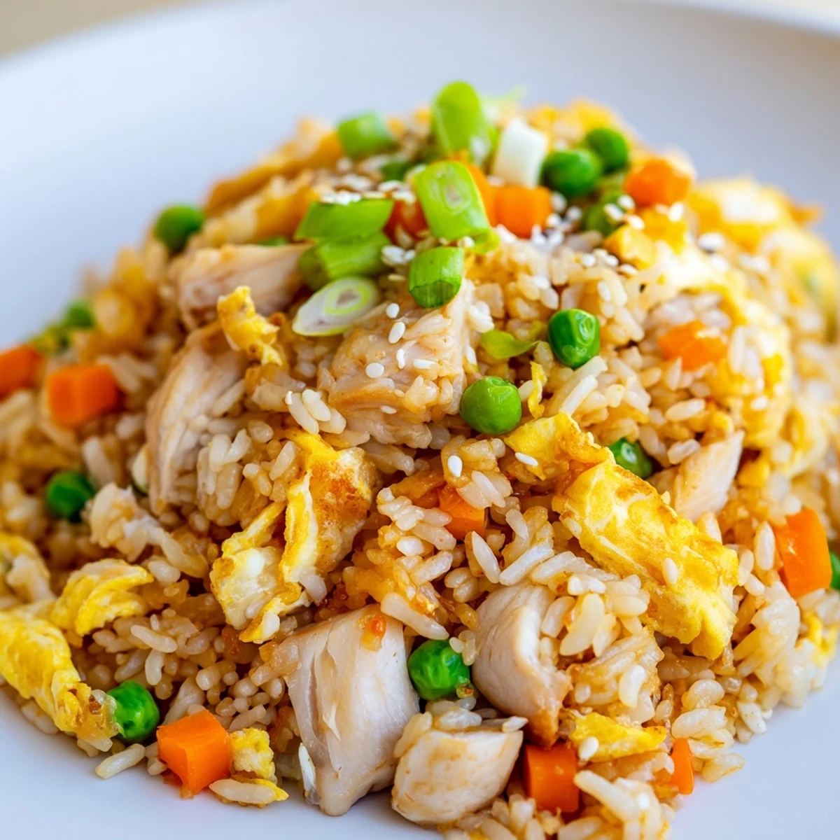 Steamy Asian chicken fried rice garnished with scallions and sesame seeds beside golden egg omelette strips